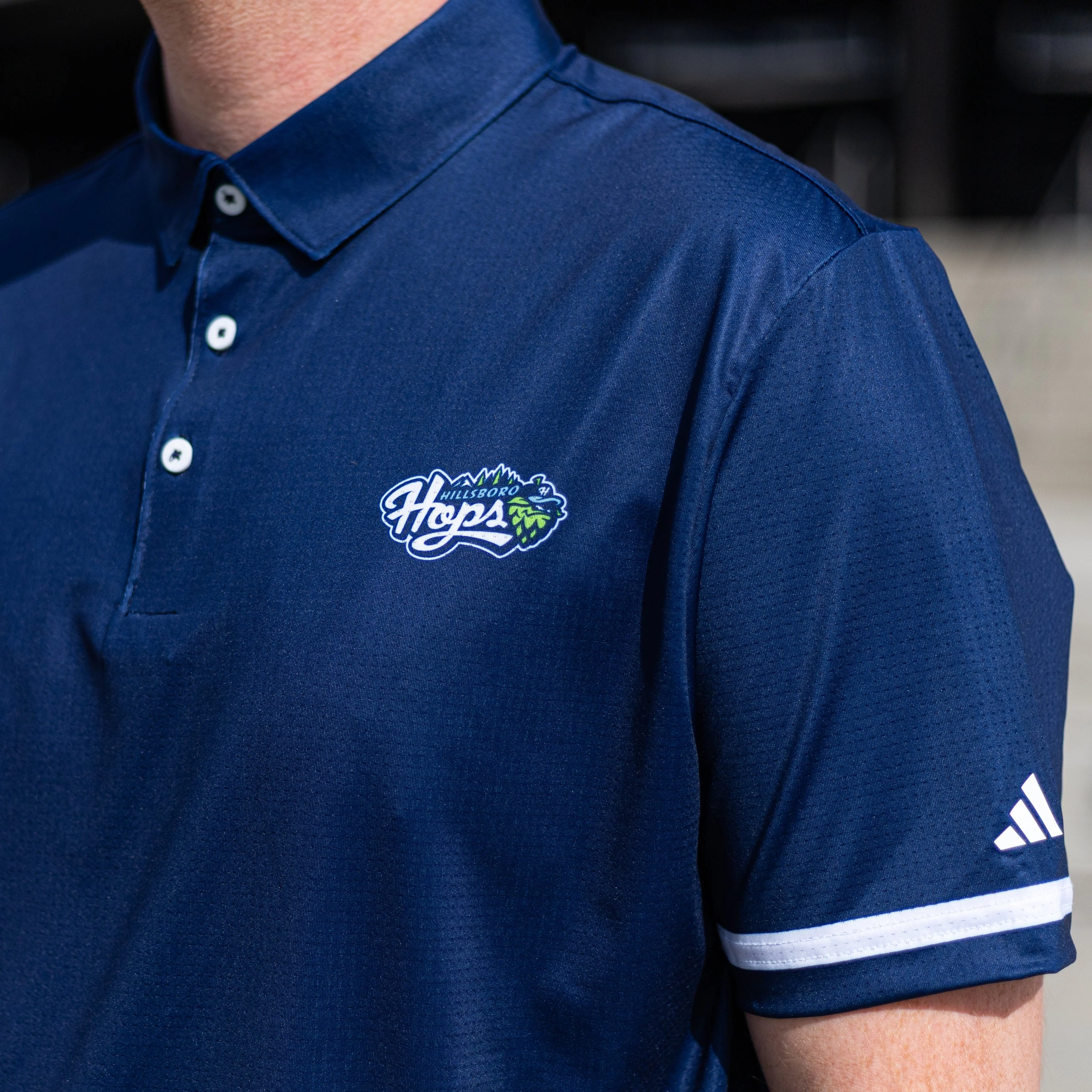 adidas Navy Primary Logo Polo, Hillsboro Hops - Image 2