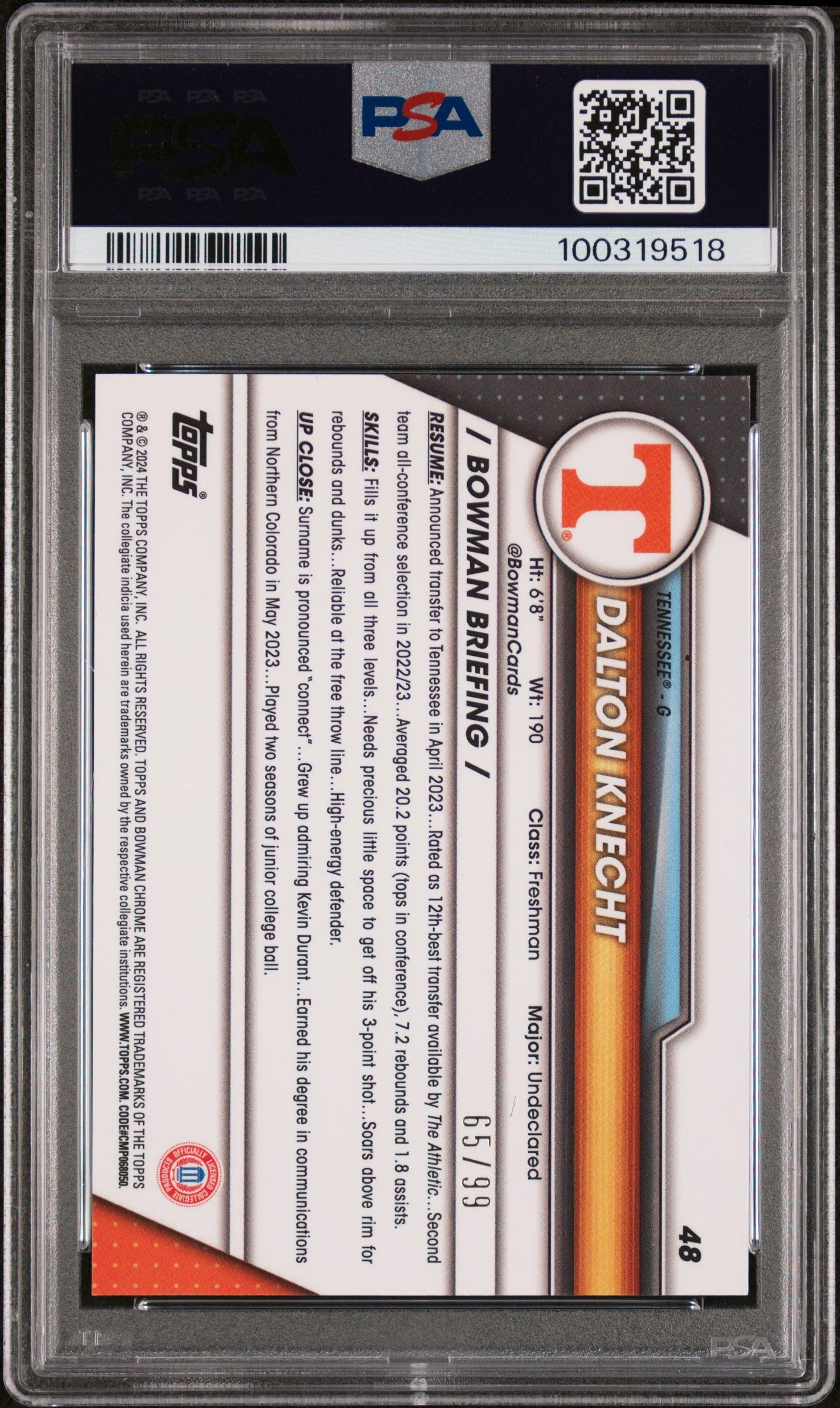 Dalton Knecht 2023 Bowman University Chrome #48 Green Shimmer PSA 9 - Image 2