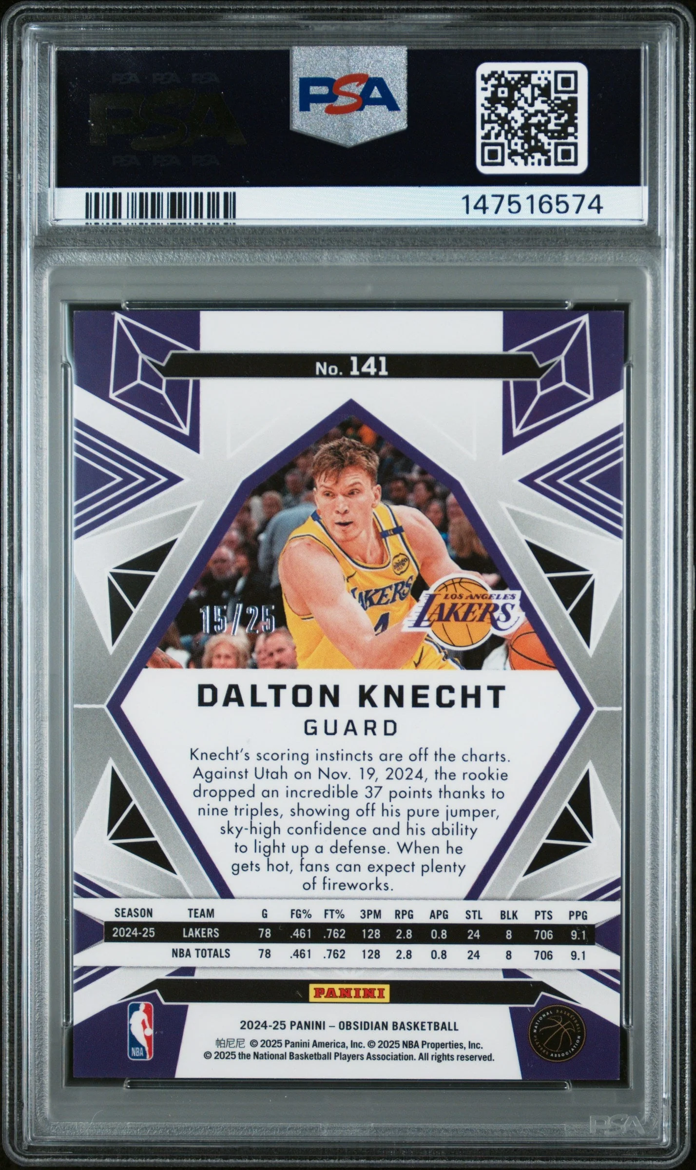Dalton Knecht 2024 Panini Obsidian #141 Electric Etch Green Flood PSA 9 - Image 2
