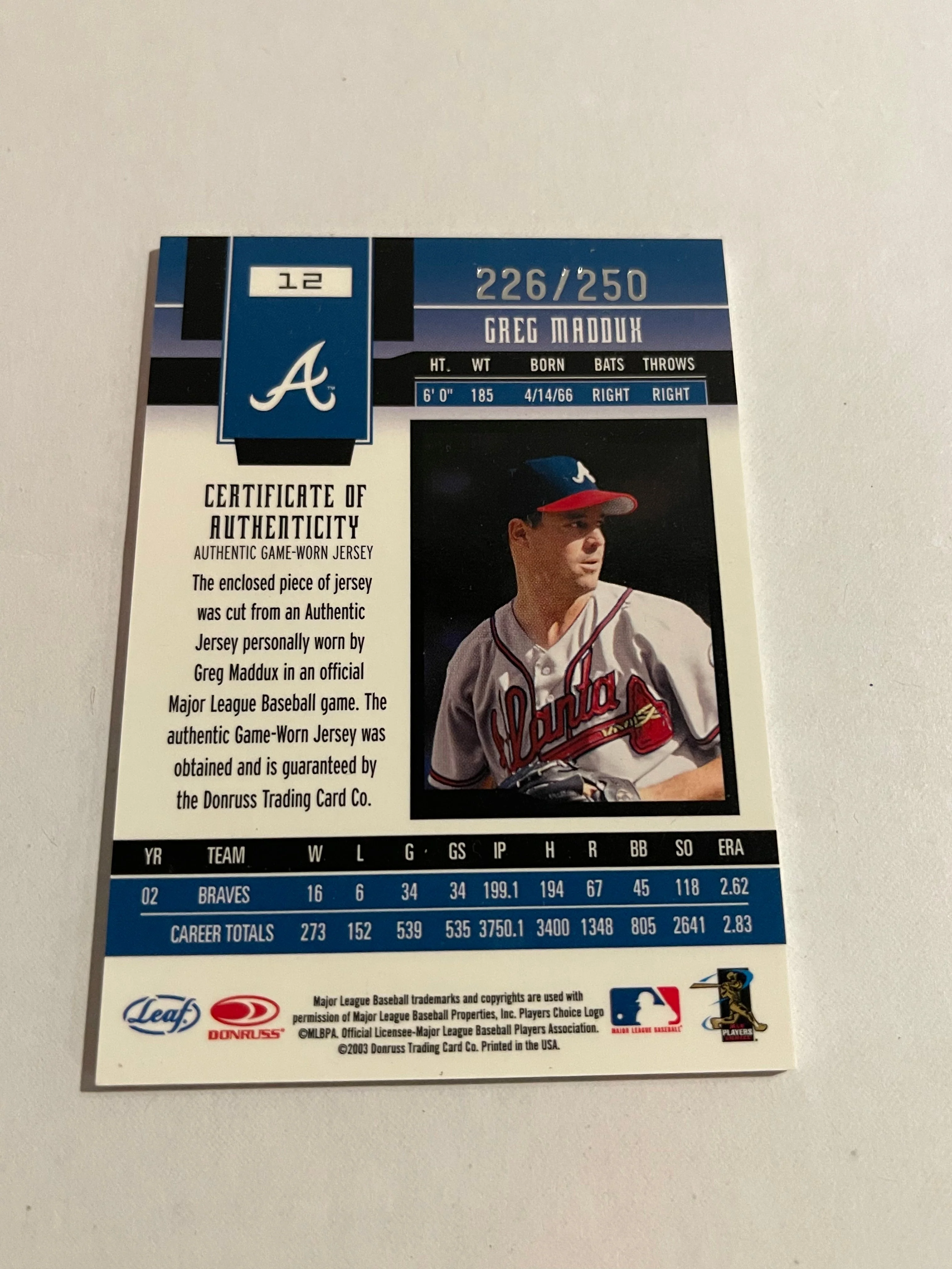 Greg Maddux 2003 Donruss Certified Materials Mirr - Image 2