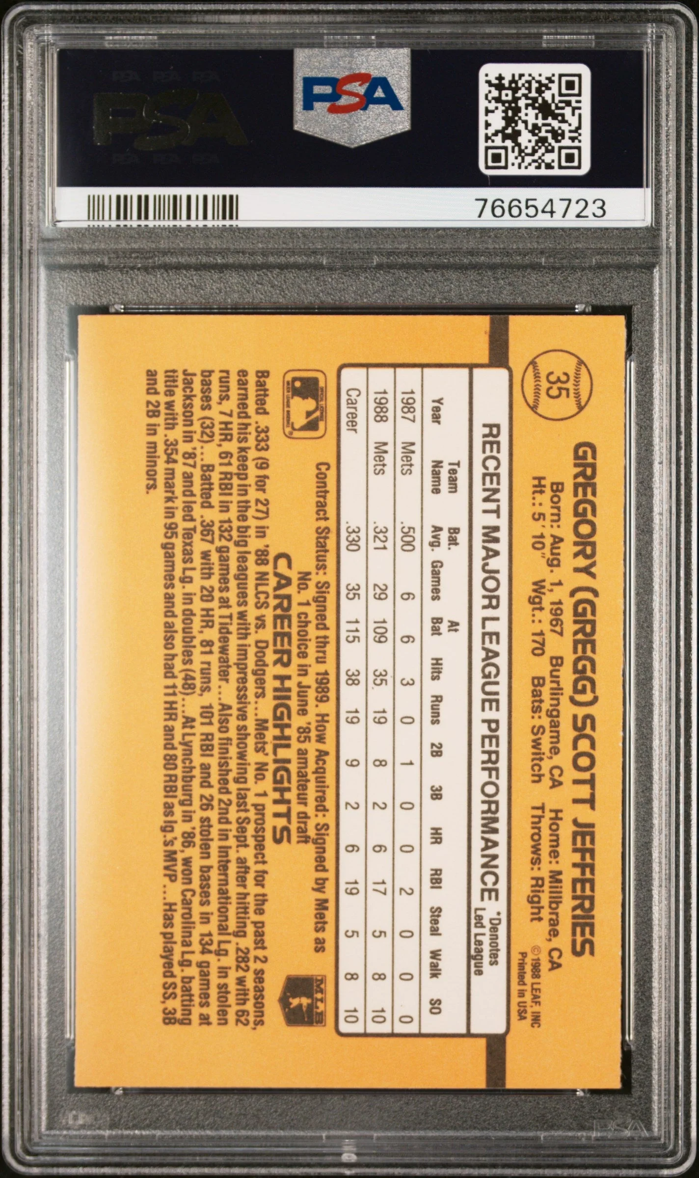 Gregg Jefferies 1989 Donruss #35 PSA 8 - Image 2