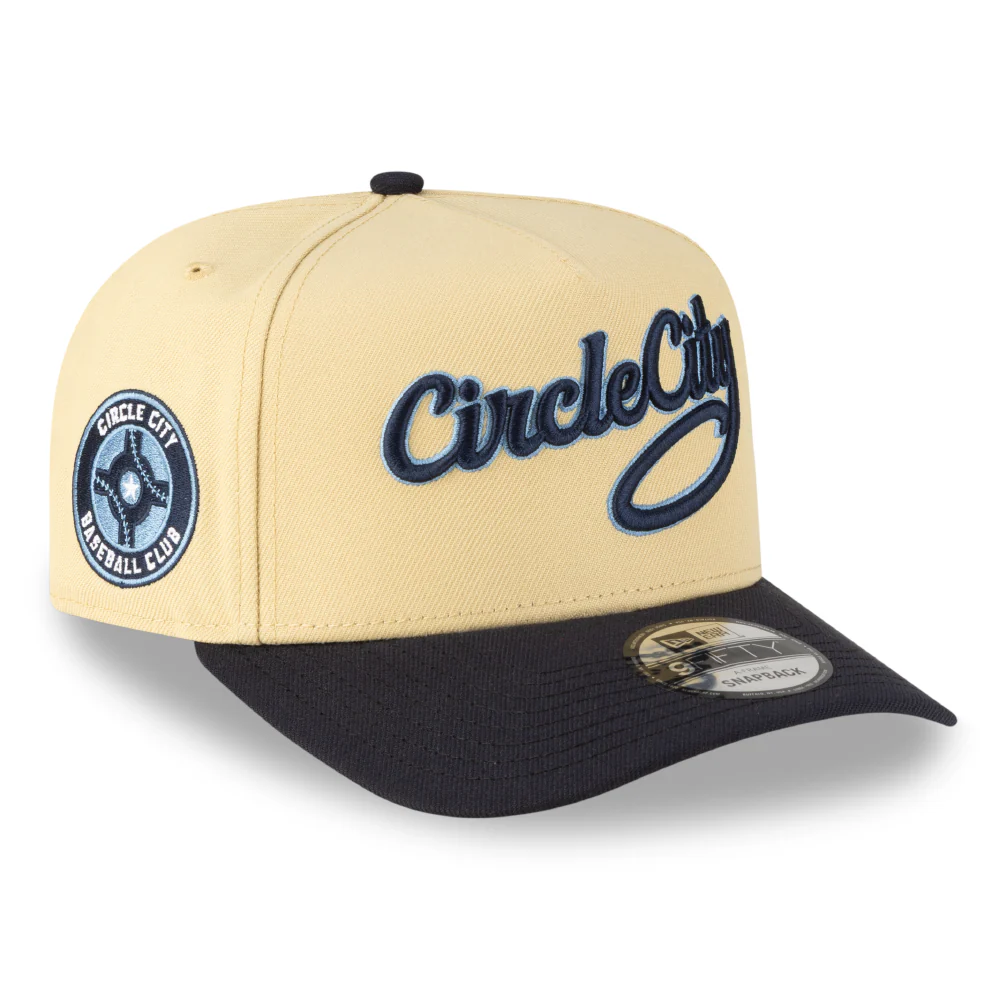 Indianapolis Indians Adult Vegas Gold/Navy Circle City Script New Era 9FORTY A-Frame Snapback Cap - Image 3