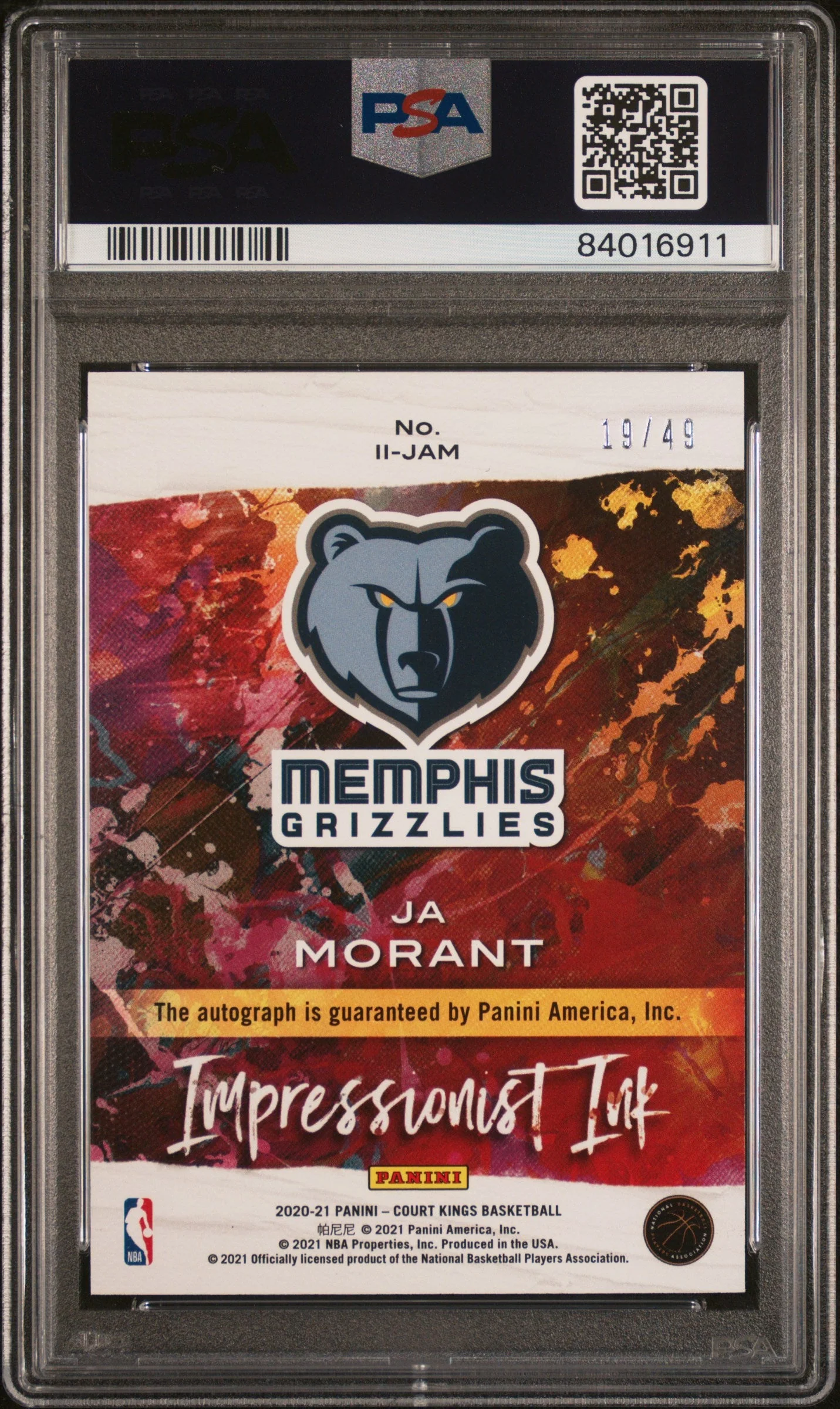 Ja Morant 2020 Panini Court Kings Impressionist Ink #IIJAM Ruby PSA 9 Auto 10 - Image 2