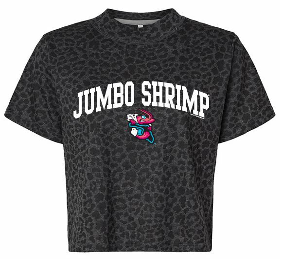 Jacksonville Jumbo Shrimp Soft As A Grape Ladies Black Leopard Vice Boxy Tee