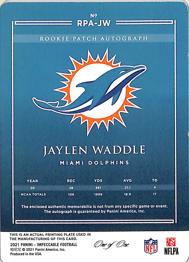 Jaylen Waddle 2021 Panini Impeccable #RPA-JW Plat - Image 2