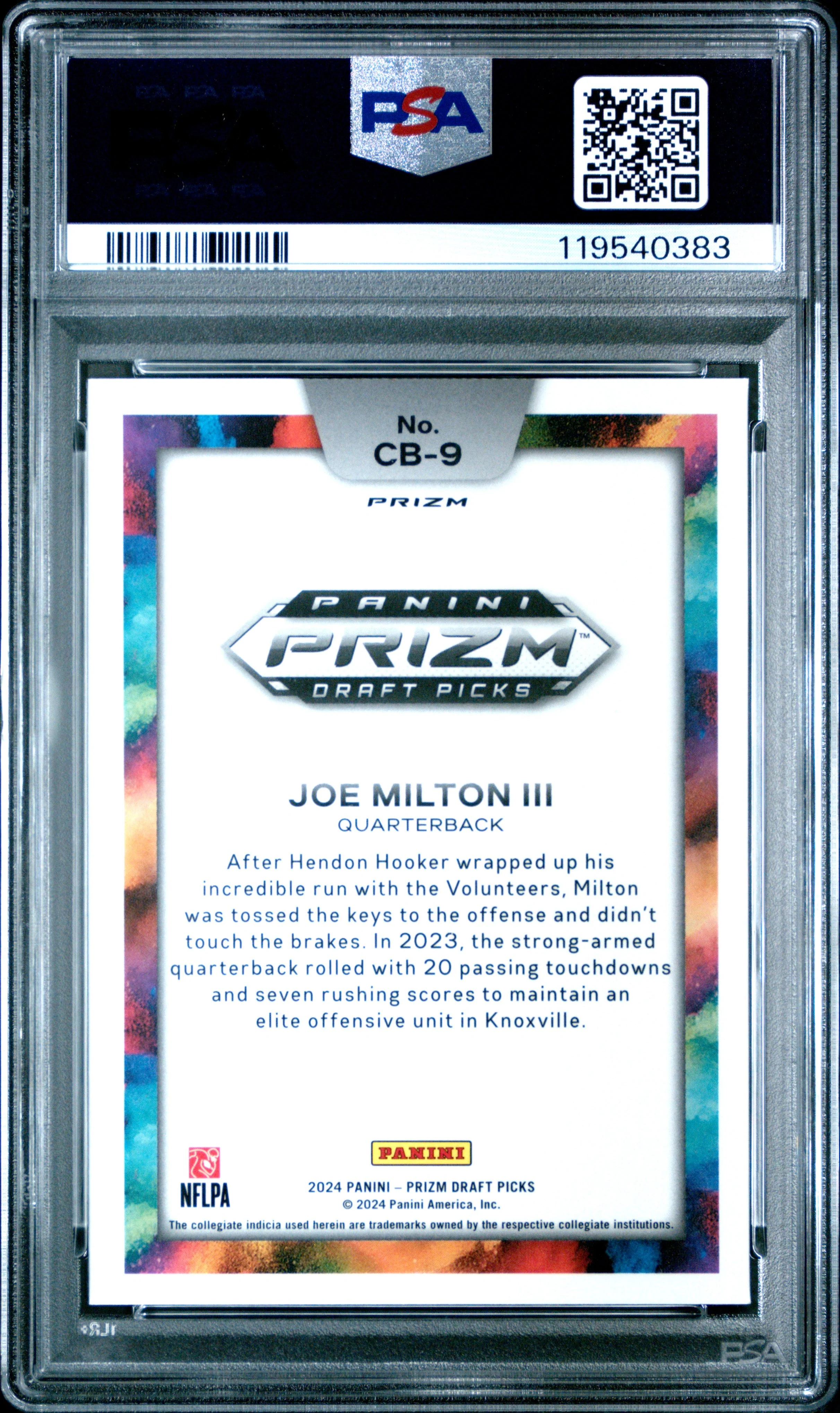 Joe Milton III 2024 Panini Prizm Draft Picks Black Color Blast #CB9 PSA 10 - Image 2