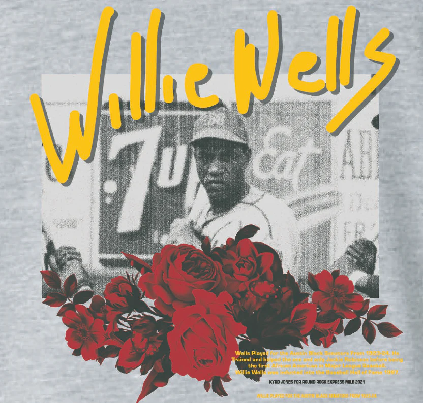 Round Rock Express Kydd Jones Collaboration Unisex Willie Wells Roses Tee - Image 3