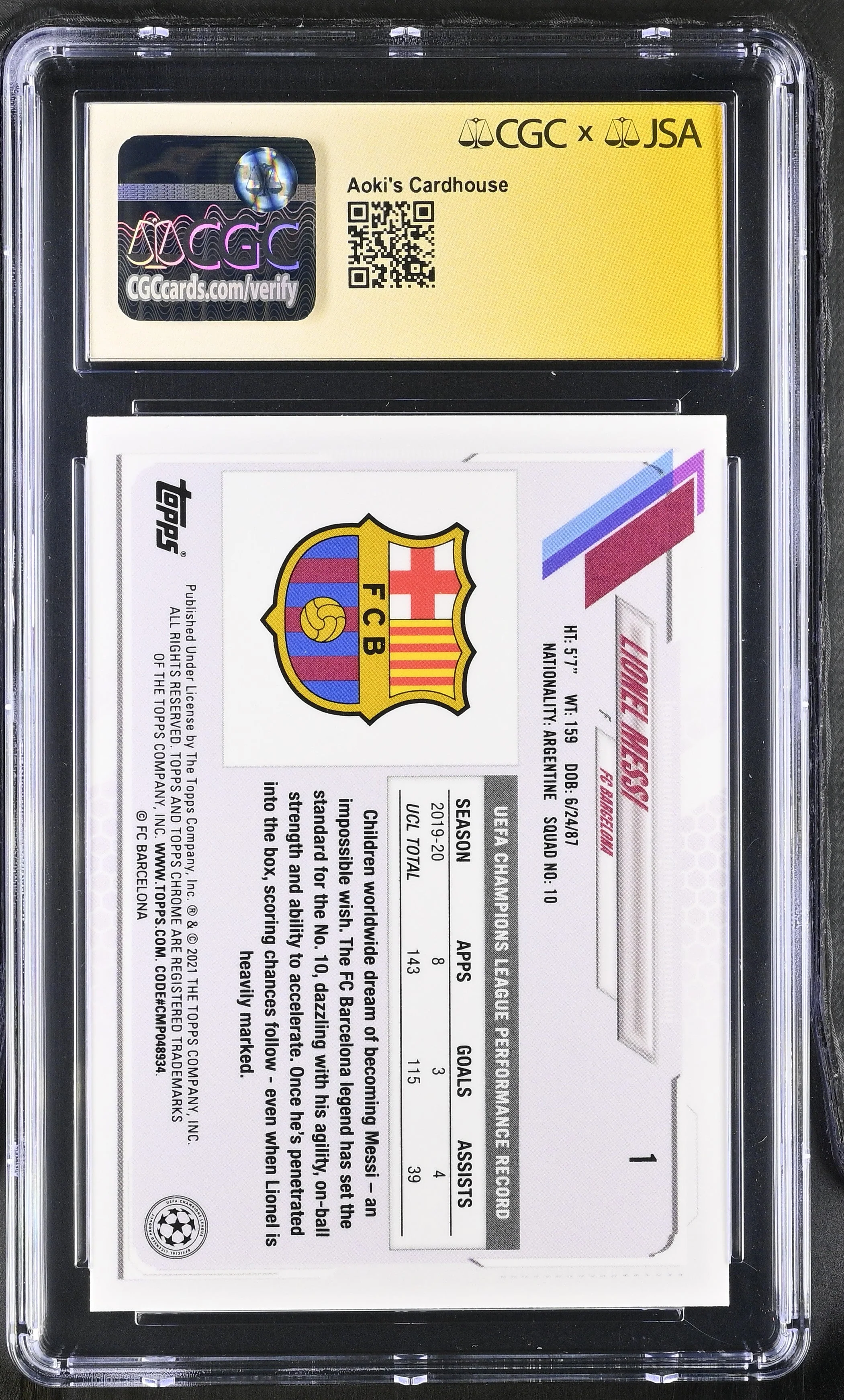 Lionel Messi 2020-21 Topps Chrome X Aoki Ucl #1 CGC 9.5 Auto 10 - Image 2