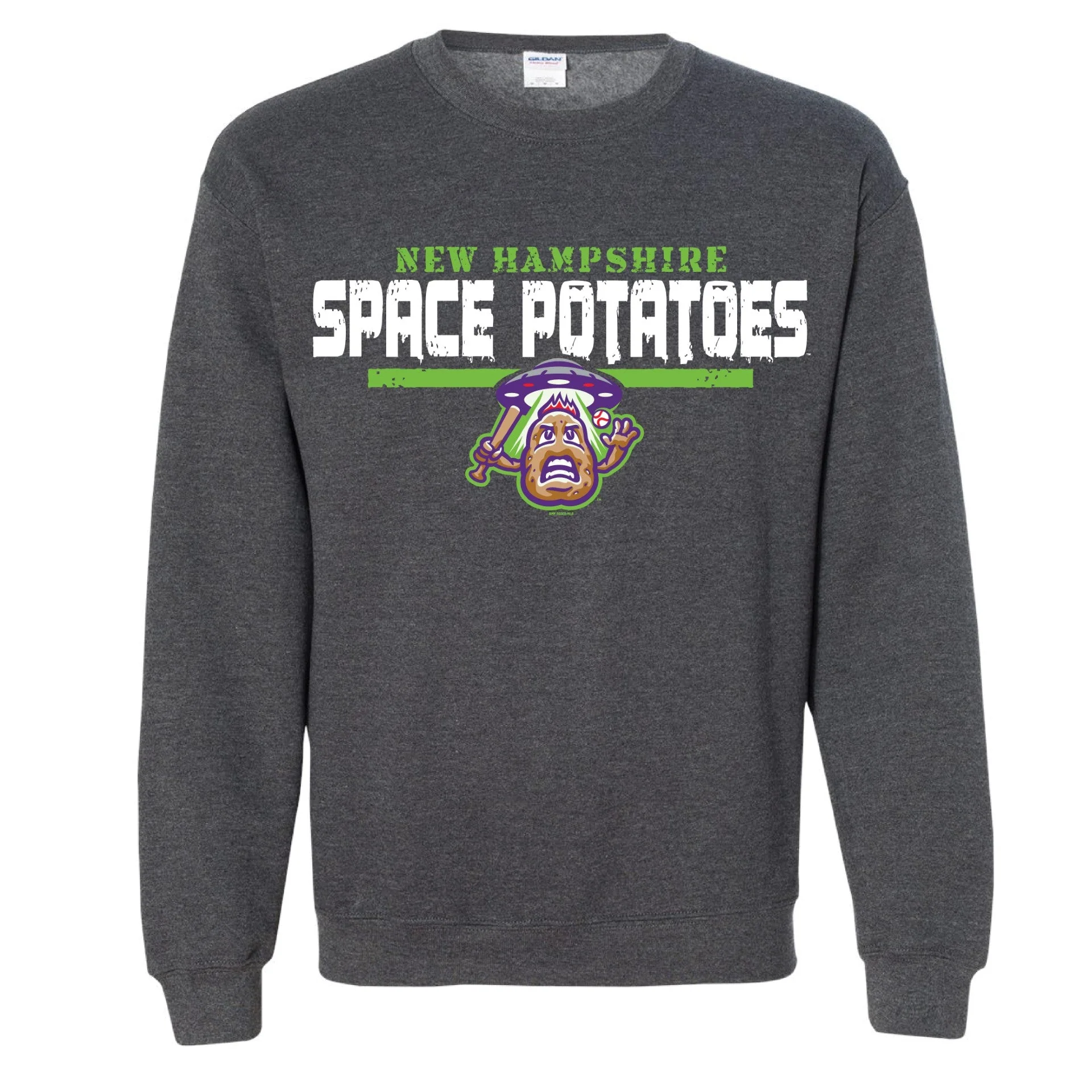 New Hampshire Space Potatoes Mens Drip Fleece Crewneck Charcoal Grey