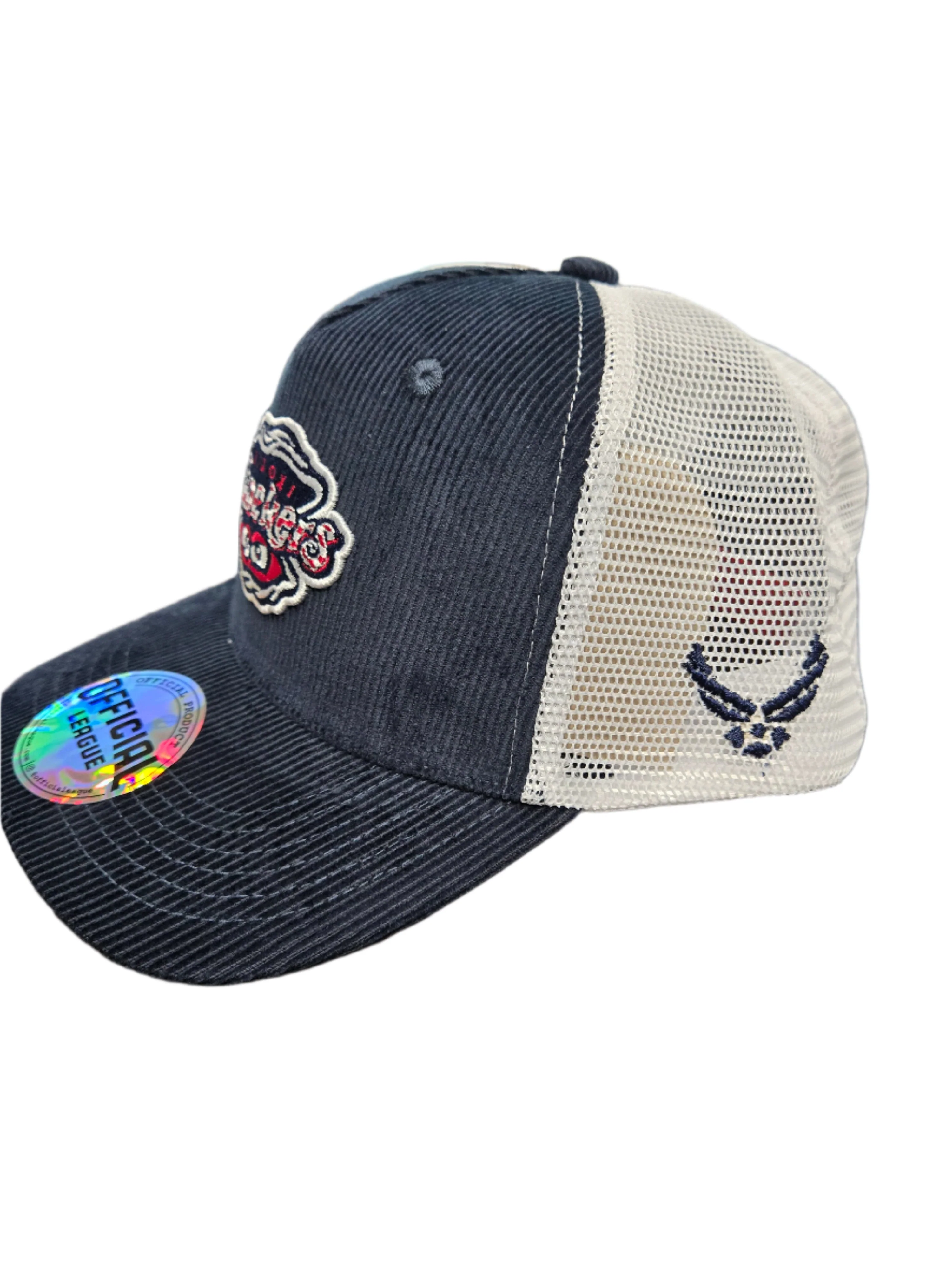 Official League Corduroy Driver Cap in Navy with Shuckers Logo in Patriotic Colors. - Image 2