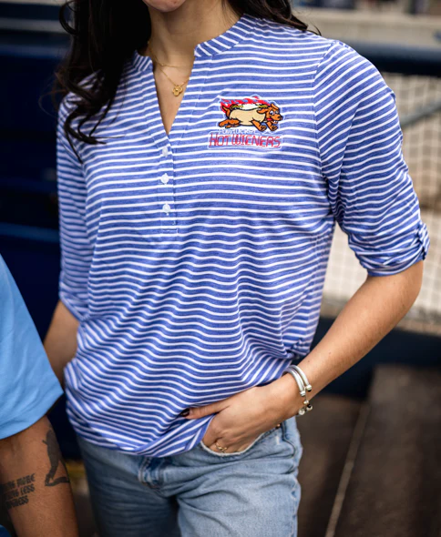 Pawtucket Hot Wieners Vantage Women's Blue Nailhead Stripe Polo - Image 2