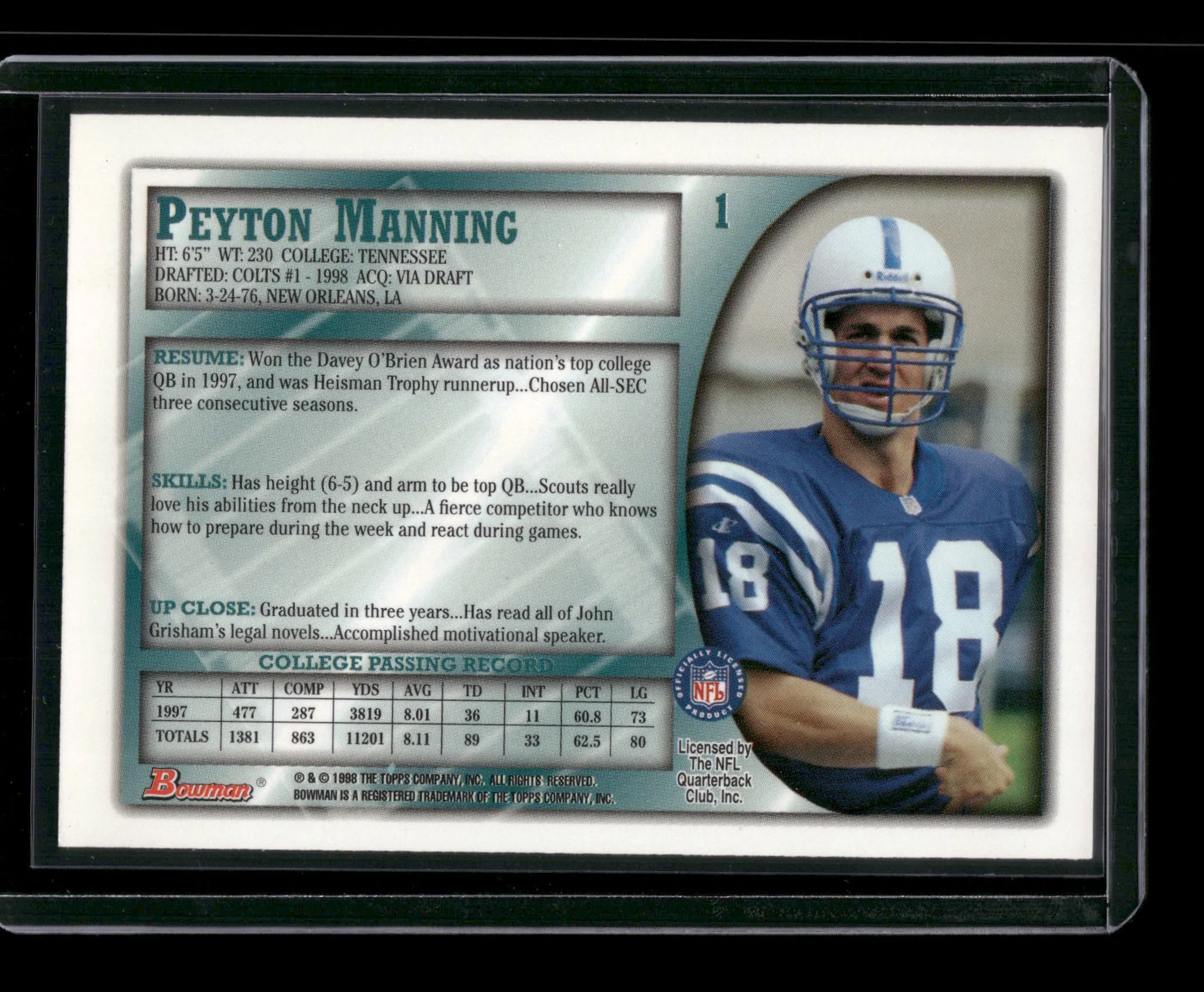 Peyton Manning 1998 Bowman #1 - Image 2
