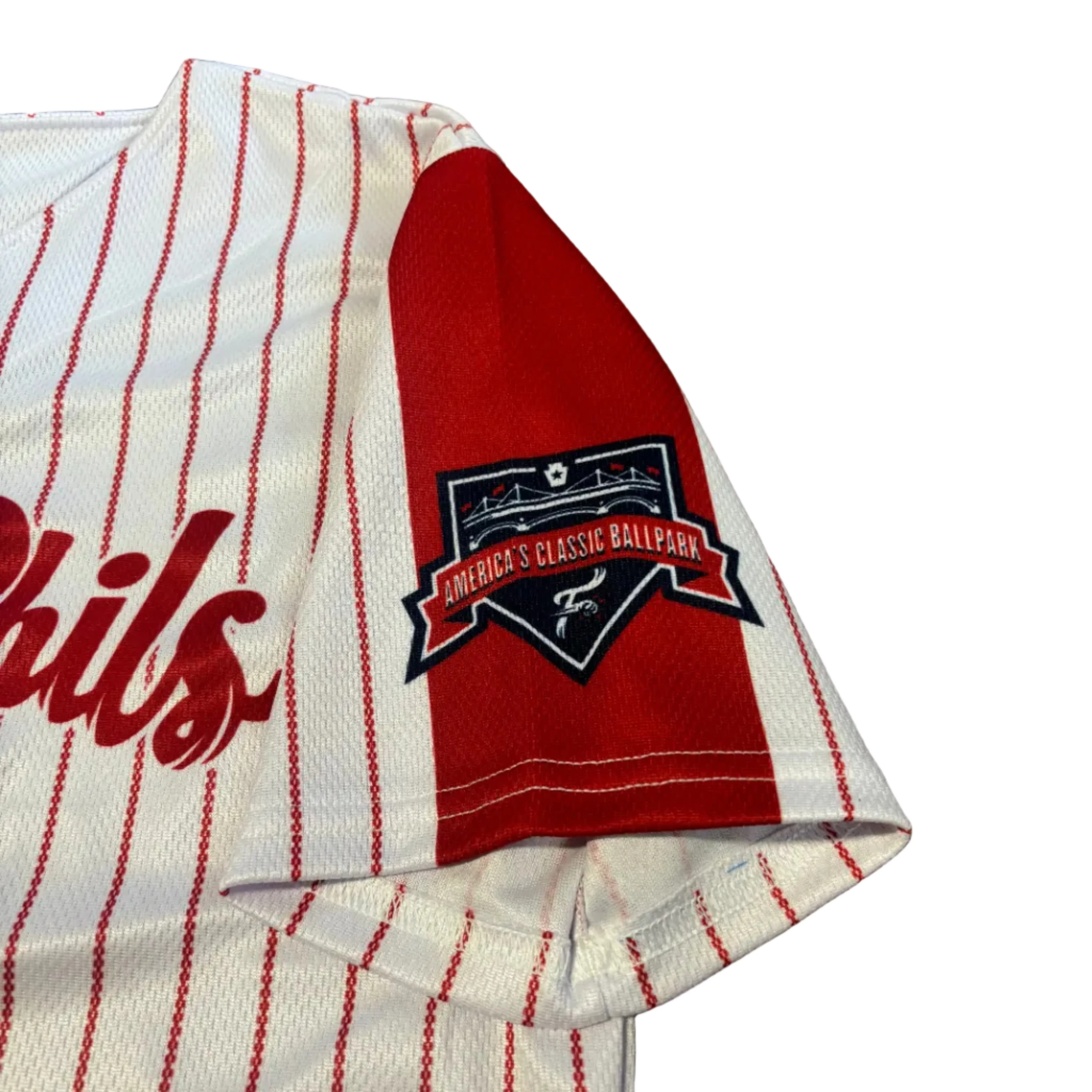 Fightin Phils Red Pinstripe Stadium Patch Youth On-Field Replica Jersey - Image 2