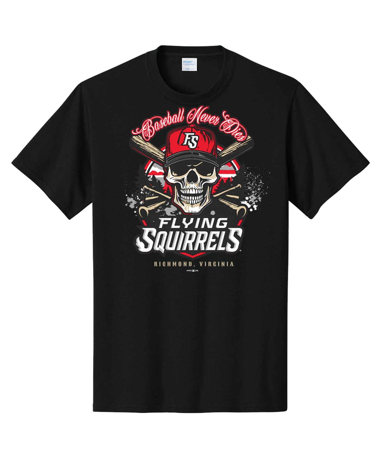 Richmond Flying Squirrels Baseball Never Dies Skull Tee