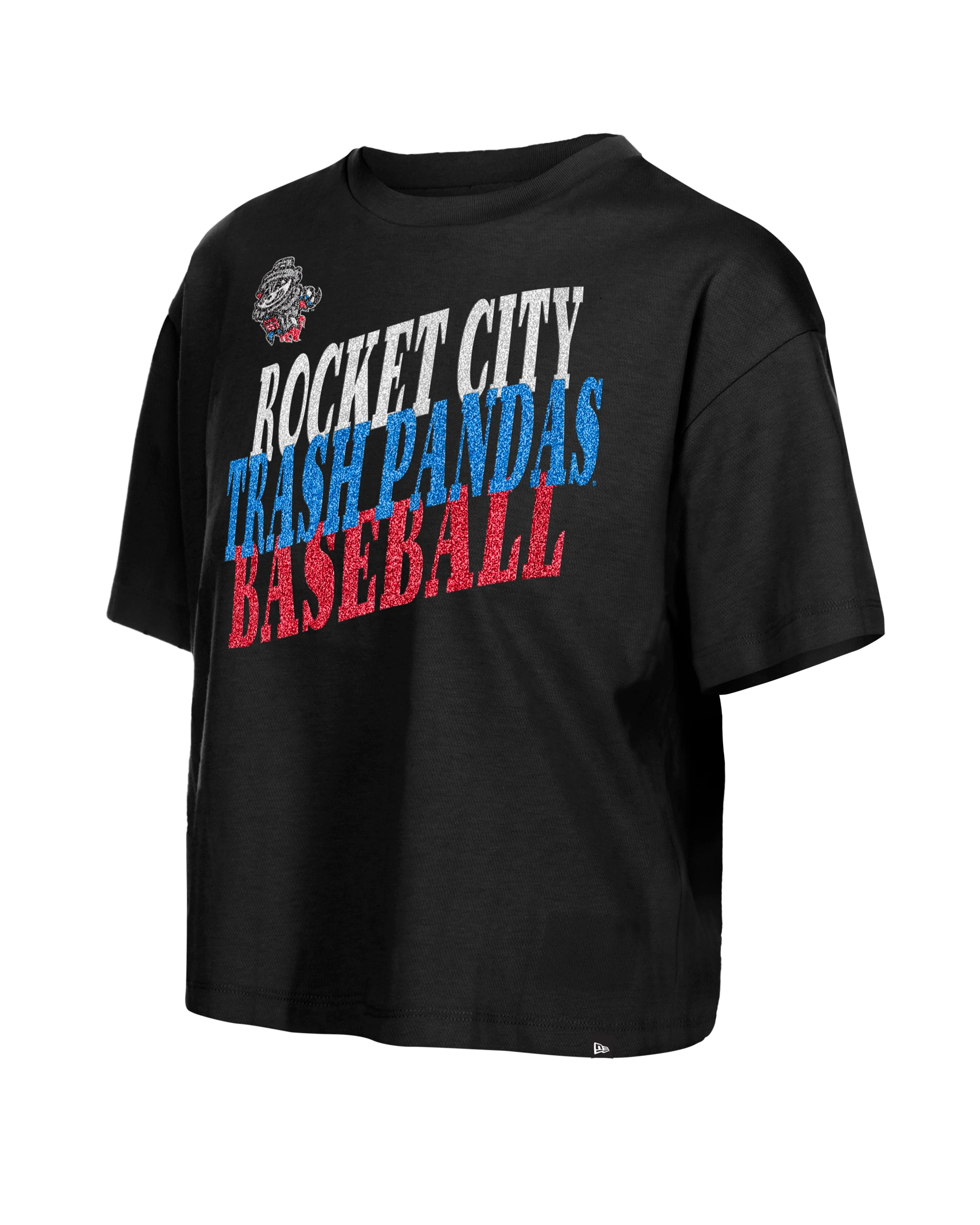 Rocket City Trash Pandas New Era Women's Glitter Black Crop T-Shirt