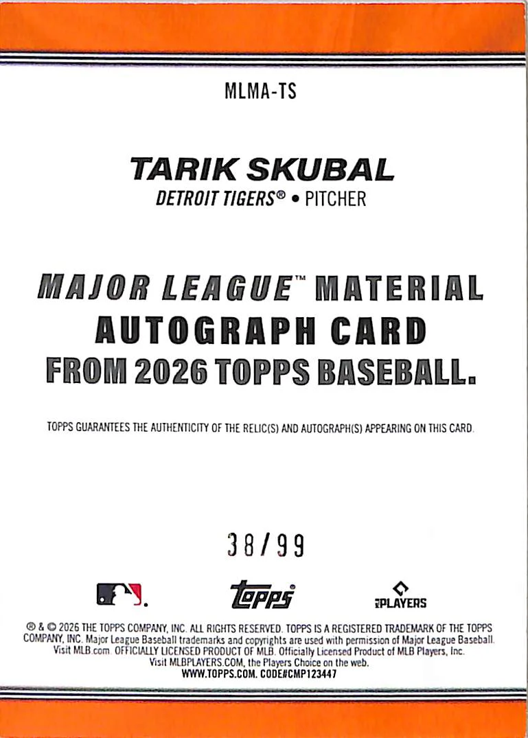 Tarik Skubal 2026 Topps Major League Material Aut - Image 2