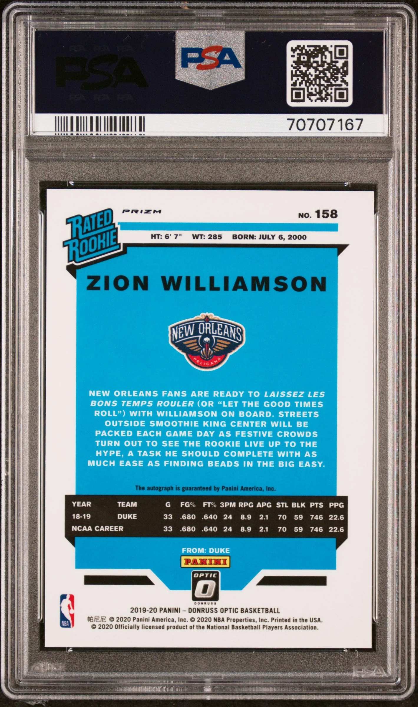 Zion Williamson 2019 Panini Donruss Optic #158 Au - Image 2